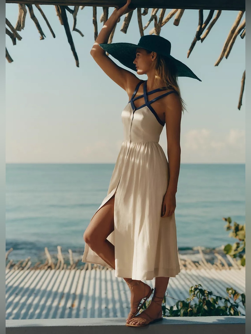 Anthropologie || Maeve Strappy Button-Front Midi Dress White Navy 6